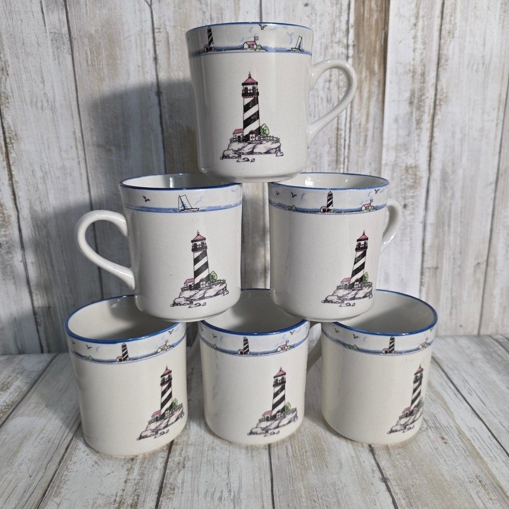 Mainstays Home Nautical Lighthouse Coffee Mugs Set of 6 Blue White Stoneware